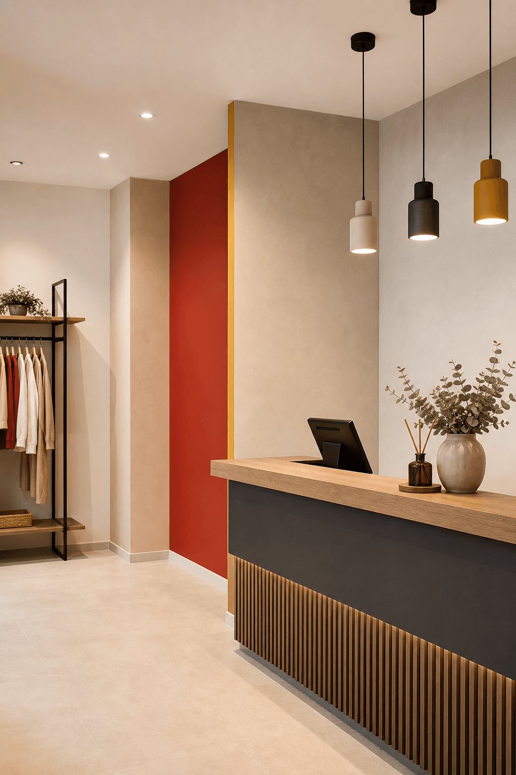 Local comercial con mostrador y pared decorativa
